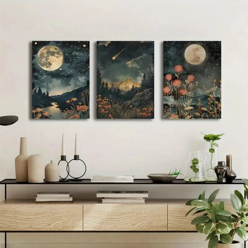3pcs Mountain River Moon and Wildflowers Metal Print Ready to Hang Art - Bella Home Decor