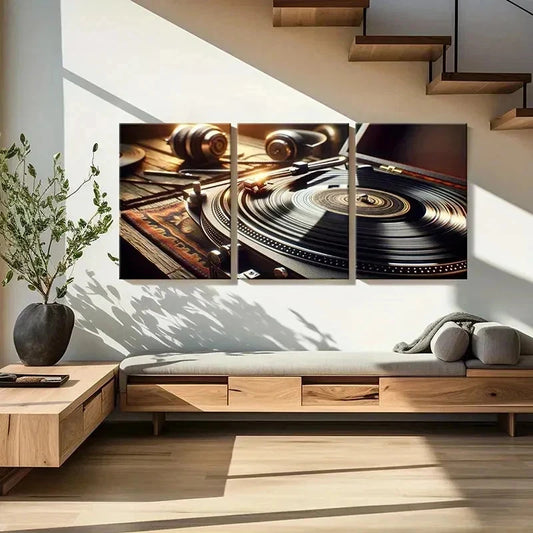 3pcs Record Player Vinyl Record Music Wall Art Set Canvas Framed 40x60cm - High Quality Print 100% Australian Made Wall Canvas Ready to Hang