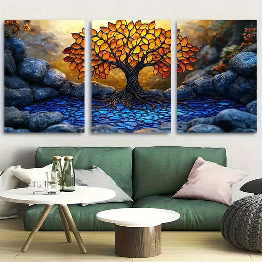 3pcs Yggdrasil Tree Of Life Stained Glass Style Metal Print Ready to Hang Art