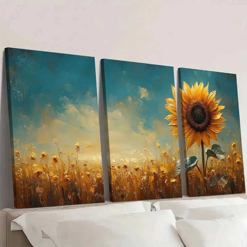 3pcs Vib Sunflower & Wildflower Field Design  Wall Art Set Canvas Framed 60x90cm - High Quality Print 100% Australian Made Wall Canvas Ready to Hang