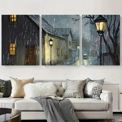3pcs Cozy Rainy Night Village Street Wall Art Canvas Unframed - High Quality Print 100% Australian Made Wall Canvas - Bella Home Decor
