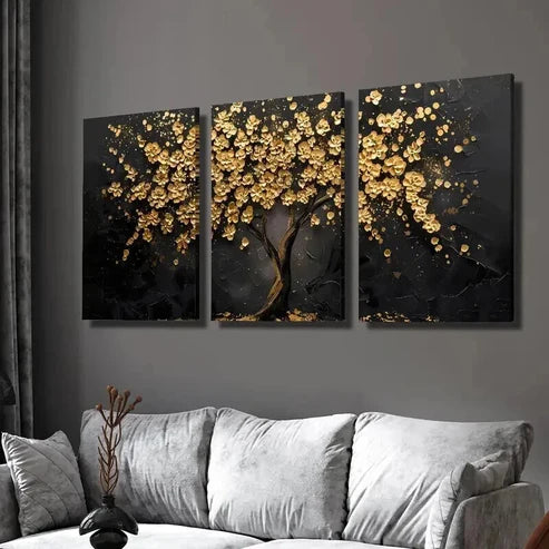 3pcs Abstract Golden Leaf Flower Tree  Wall Art Set Canvas Unframed - High Quality Print 100% Australian Made Wall Canvas - Bella Home Decor