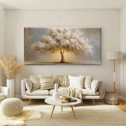 Soft Neutral Glowing Tree Wall Art Canvas Office Home Room Framed 120x60cm