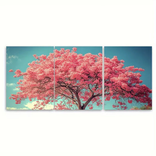 3pcs Majestic Pink Blossom Tree Nature Photography Metal Print Ready to Hang Art