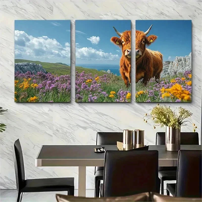 3pcs Colourful Sky Highland Cow Nature Perfect Wall Art Set Canvas Framed 50x70cm - High Quality Print 100% Australian Made Wall Canvas Ready to Hang - Bella Home Decor