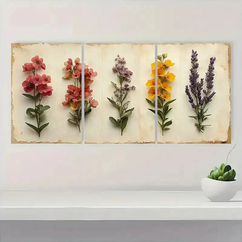 3pcs Rustic Wildflower Botanical Herbarium Design Metal Print Ready to Hang Art - Bella Home Decor