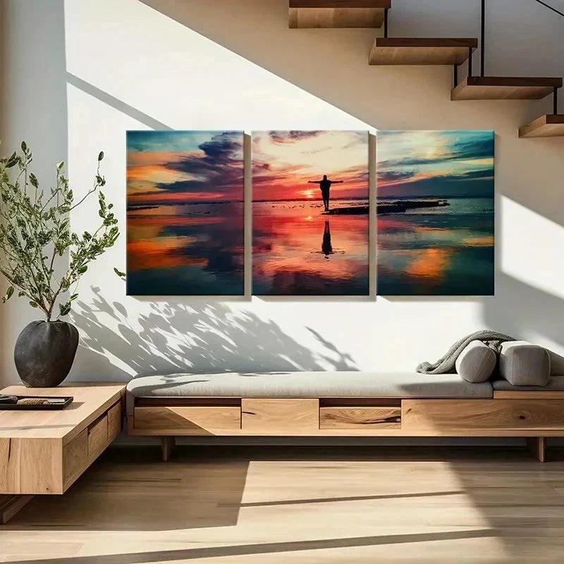 3pcs Man in the Beach at Sunset Wall Art Set Canvas Framed 50x70cm - High Quality Print 100% Australian Made Wall Canvas Ready to Hang