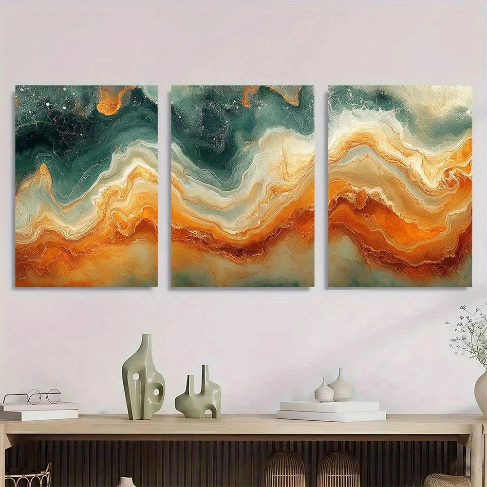 3pcs Swirls Of Burnt Orange Olive Green Earthy Metal Print Ready to Hang Art - Bella Home Decor