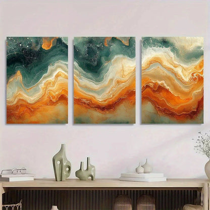 3pcs Swirls Of Burnt Orange Olive Green Earthy Metal Print Ready to Hang Art - Bella Home Decor
