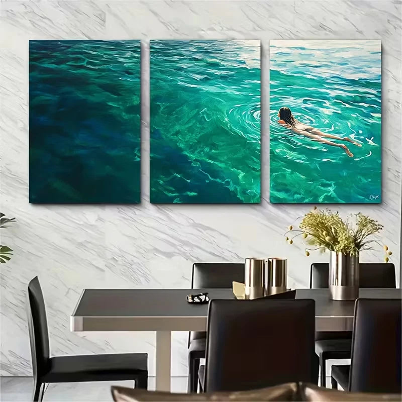 3pcs Woman Floating on The Pool Metal Print Ready to Hang Art