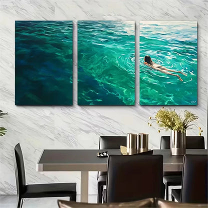 3pcs Woman Floating on The Pool Metal Print Ready to Hang Art