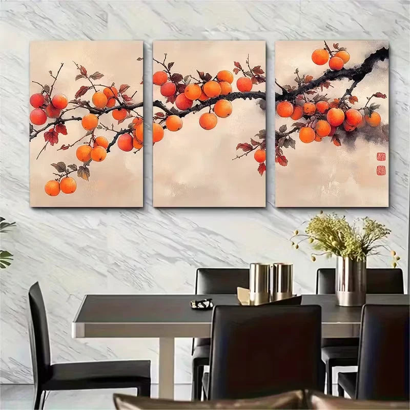 3pcs Elegant Persimmon Branch Metal Print Ready to Hang Art