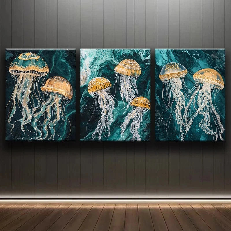 3pcs Contemporary Jellyfish Vibrant Teal & Orange Metal Print Ready to Hang Art - Bella Home Decor