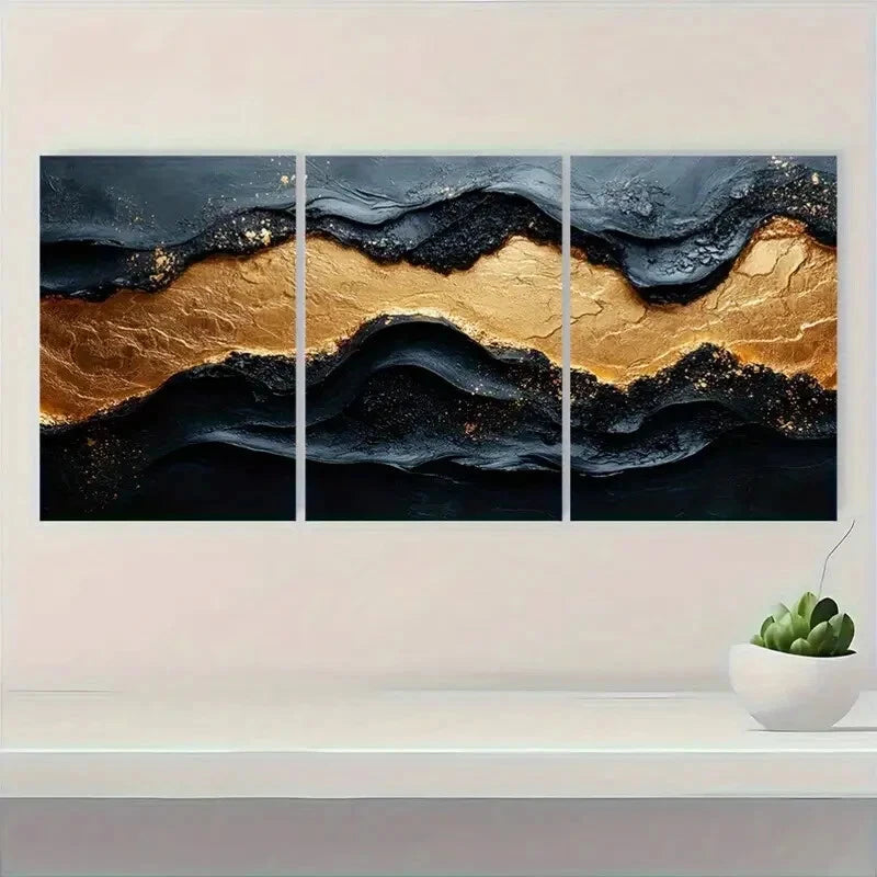 3pcs Modern Abstract Black & Golden Textured Metal Print Ready to Hang Art - Bella Home Decor