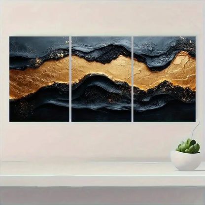 3pcs Modern Abstract Black & Golden Textured Metal Print Ready to Hang Art - Bella Home Decor
