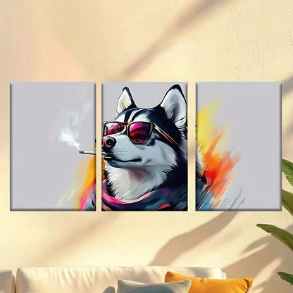 3pcs a husky dog Fashion Glasses and a cigarette Wall Art Set Canvas Framed 60x90cm - High Quality Print 100% Australian Made Wall Canvas Ready to Hang - Bella Home Decor