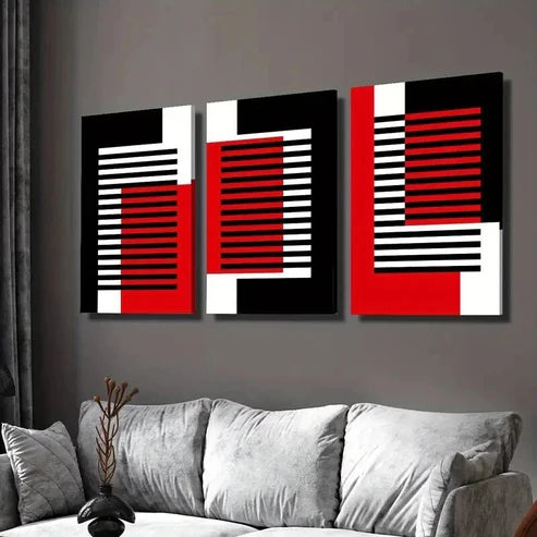 3pcs Abstract Geometric Black White Red Line Wall Art Set Canvas Unframed - High Quality Print 100% Australian Made Wall Canvas - Bella Home Decor