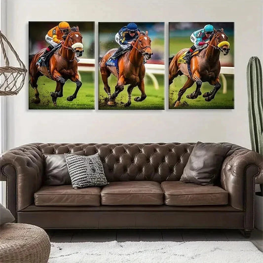 3pcs Dynamic Race Horses Action Sport Perfect Wall Art Set Canvas Framed 60x90cm - High Quality Print 100% Australian Made Wall Canvas Ready to Hang