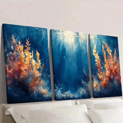 3pcs Vibrant Blue & Orange Sea Vegetation S  Wall Art Set Canvas Framed 60x90cm - High Quality Print 100% Australian Made Wall Canvas Ready to Hang