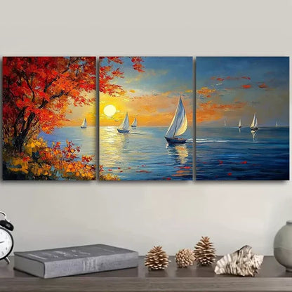3pcs Serene Sailboat Sunset Scene Vibrant Autumn Wall Art Canvas Unframed - High Quality Print 100% Australian Made Wall Canvas - Bella Home Decor