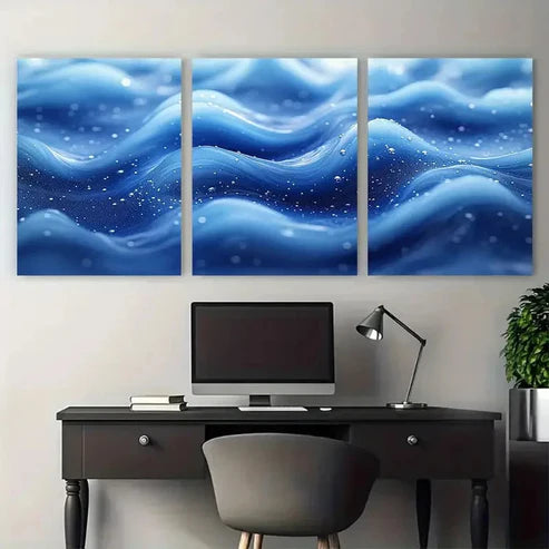 3pcs Splash Smooth Wavy Bubbles Blue White Wall Art Canvas Unframed – High Quality Print 100% Australian Made Wall Canvas