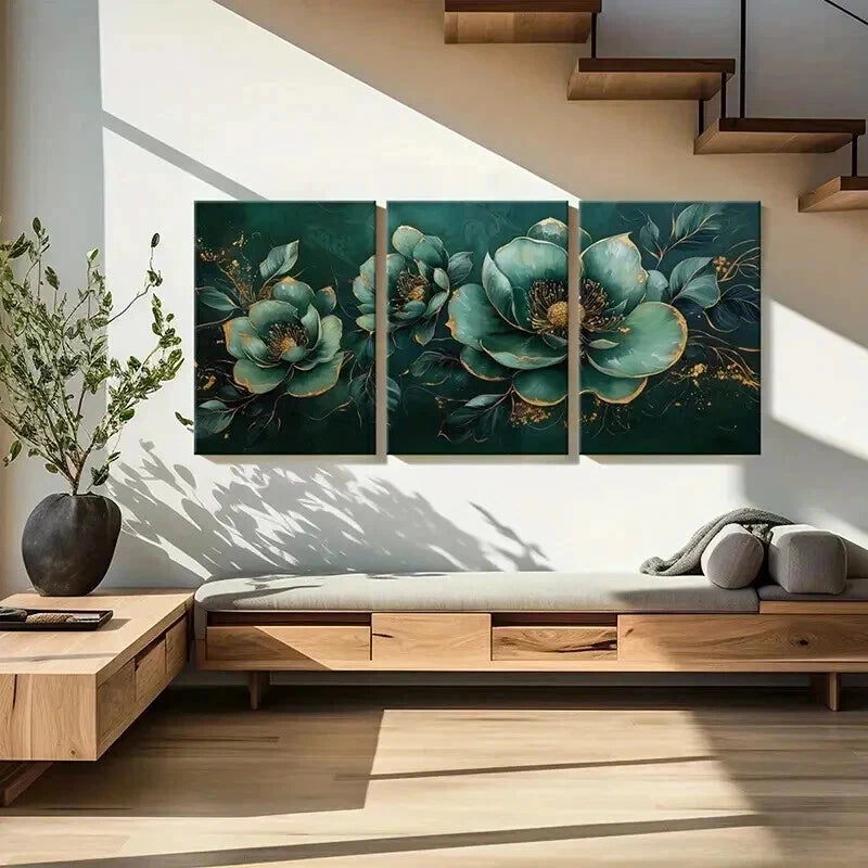 3pcs Teal Floral with Golden Accents Wall Art Set Canvas Framed 50x70cm - High Quality Print 100% Australian Made Wall Canvas Ready to Hang - Bella Home Decor