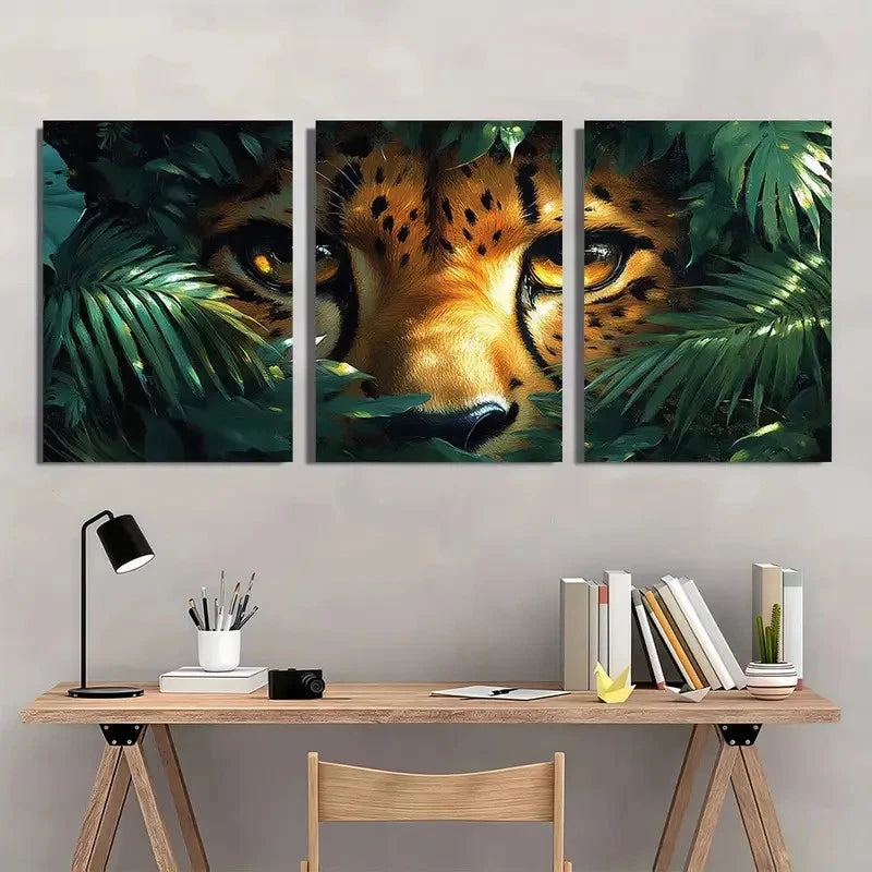 3pcs Tropical Foliage Vibrant Green Wildcat Eyes Wall Art Set Canvas Framed 40x60cm - High Quality Print 100% Australian Made Wall Canvas Ready to Hang
