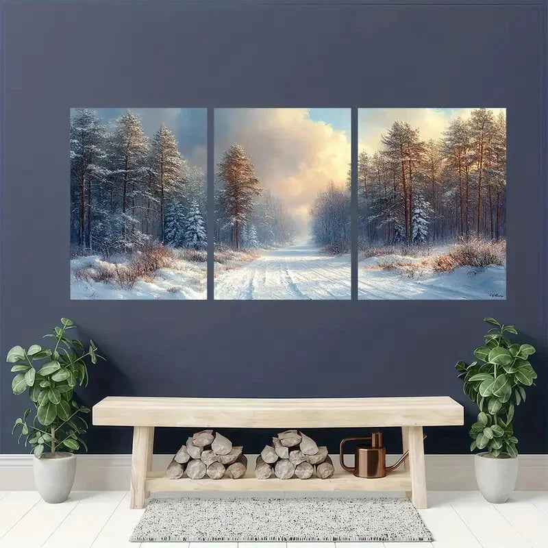 3pcs Snowy Landscape Antique Rustic Christmas Metal Print Ready to Hang Art