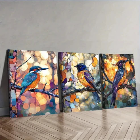 3pcs Stained Glass Bird, Luxurious Wall Art Set Canvas Unframed - High Quality Print 100% Australian Made Wall Canvas