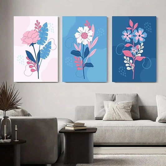 3pcs Floral Abstract Blue Flower Illustration Metal Print Ready to Hang Art