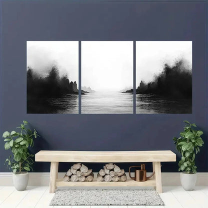 3pcs Black Ink Wash Minimalist Landscape Art Metal Print Ready to Hang Art - Bella Home Decor