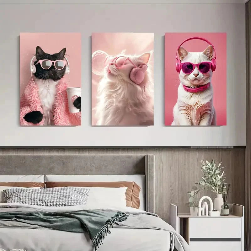 3pcs Three Trendy Cats in Fashion   Wall Art Set Canvas Framed 50x70cm - High Quality Print 100% Australian Made Wall Canvas Ready to Hang