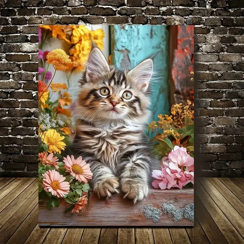 Cute Maine Coon Kitten with Vibrant Flowers 40x60cm Metal Print Ready to Hang