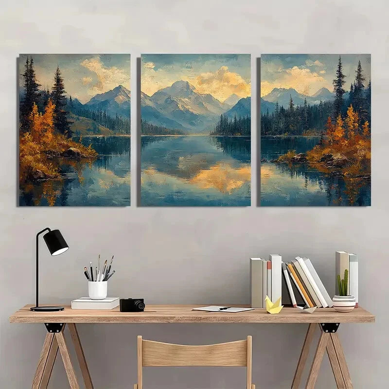 3pcs Rustic Lake Painting Mountain Landscape Metal Print Ready to Hang Art - Bella Home Decor
