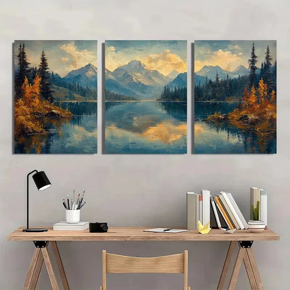 3pcs Rustic Lake Painting Mountain Landscape Metal Print Ready to Hang Art - Bella Home Decor