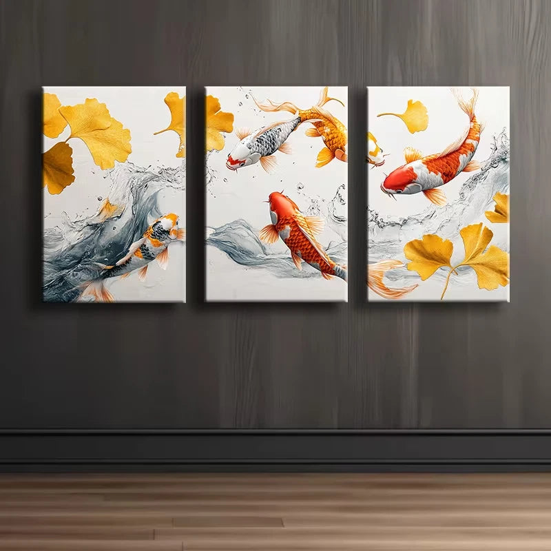 3pcs Painted Koi Carp Illustration Wall Art Set Canvas Framed 60x90cm - High Quality Print 100% Australian Made Wall Canvas Ready to Hang