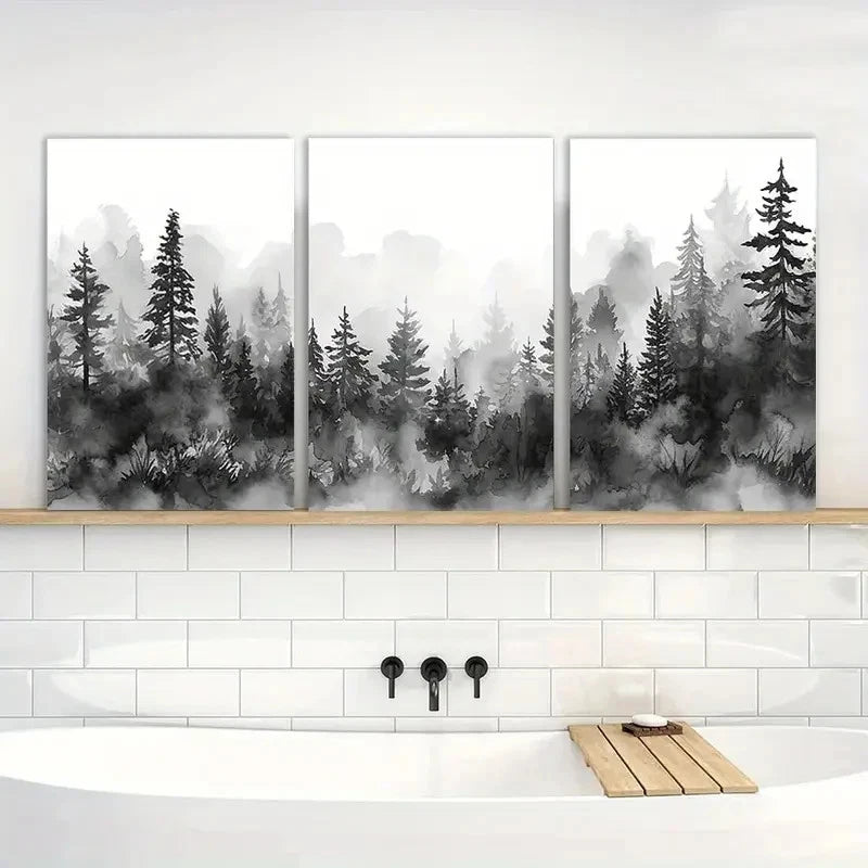 3pcs Poster Black White Forest Landscape Metal Print Ready to Hang Art - Bella Home Decor