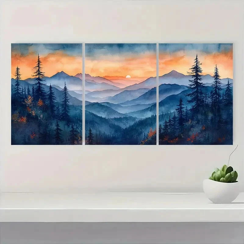 3pcs Blue Roan Mountains Watercolor Art Metal Print Ready to Hang Art - Bella Home Decor