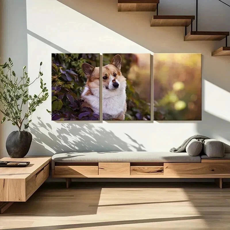 3pcs Corgi Dog Puppy Near a Bush Scenery Wall Art Set Canvas Framed 50x70cm - High Quality Print 100% Australian Made Wall Canvas Ready to Hang - Bella Home Decor