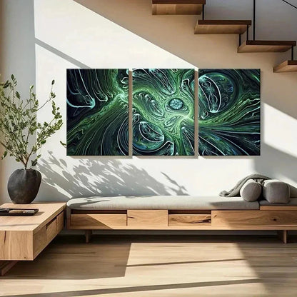 3pcs Green Swirl Modern Abstract Psychedelic Wall Art Set Canvas Framed 60x90cm - High Quality Print 100% Australian Made Wall Canvas Ready to Hang