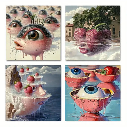 4pcs  Pink & Red Strawberry Concept Wall Art Canvas Framed