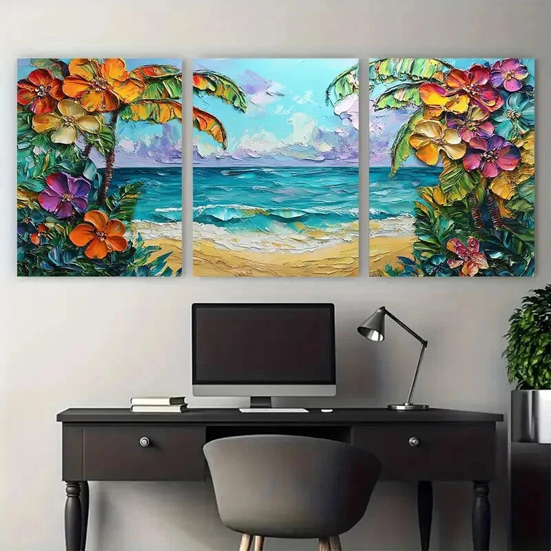 3pcs Tropical Beach Floral Coastal Texture Metal Print Ready to Hang Art - Bella Home Decor