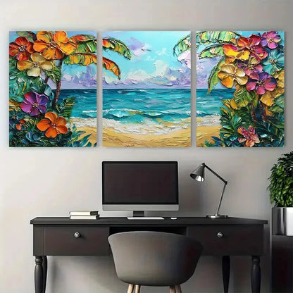 3pcs Tropical Beach Floral Coastal Texture Metal Print Ready to Hang Art - Bella Home Decor