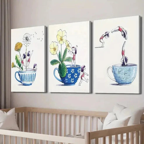 3pcs Floral And Human Painting on Cups Prints Wall Art Canvas Unframed - High Quality Print 100% Australian Made Wall Canvas