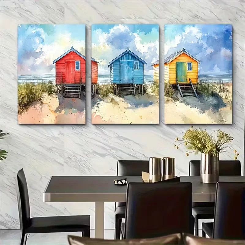 3pcs Watercolour Beach Hut Metal Print Ready to Hang Art