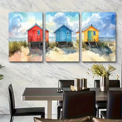 3pcs Watercolour Beach Hut Metal Print Ready to Hang Art