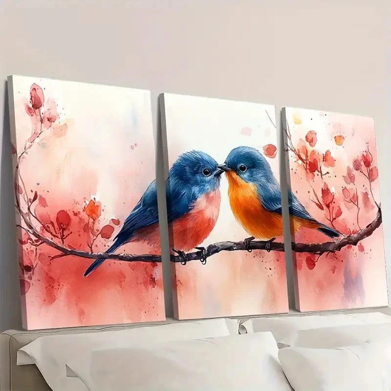 3pcs Two Kissing Birds on a Branch TB   Framed Wall Art Set Canvas Framed 50x70cm - High Quality Print 100% Australian Made Wall Canvas Ready to Hang