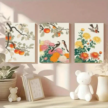 3pcs Chrysanthemum, Persimmon, Songbird Wall Art Set Canvas Unframed - High Quality Print 100% Australian Made Wall Canvas - Bella Home Decor