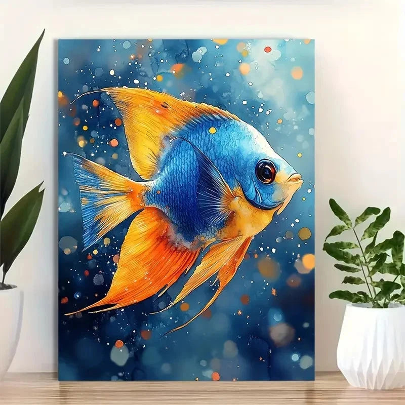 Beautiful Beautiful Blue Angel Fish Painting 40x60cm Metal Print Ready to Hang - Bella Home Decor