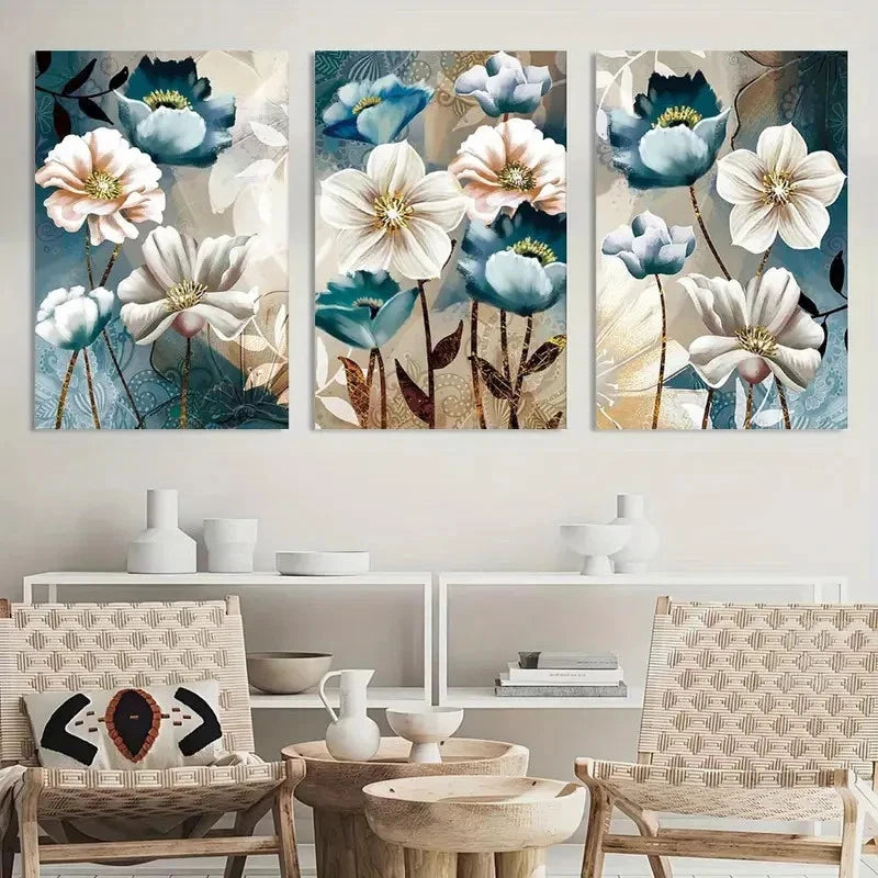 3pcs Black and White Floral Design Printing Metal Print Ready to Hang Art - Bella Home Decor